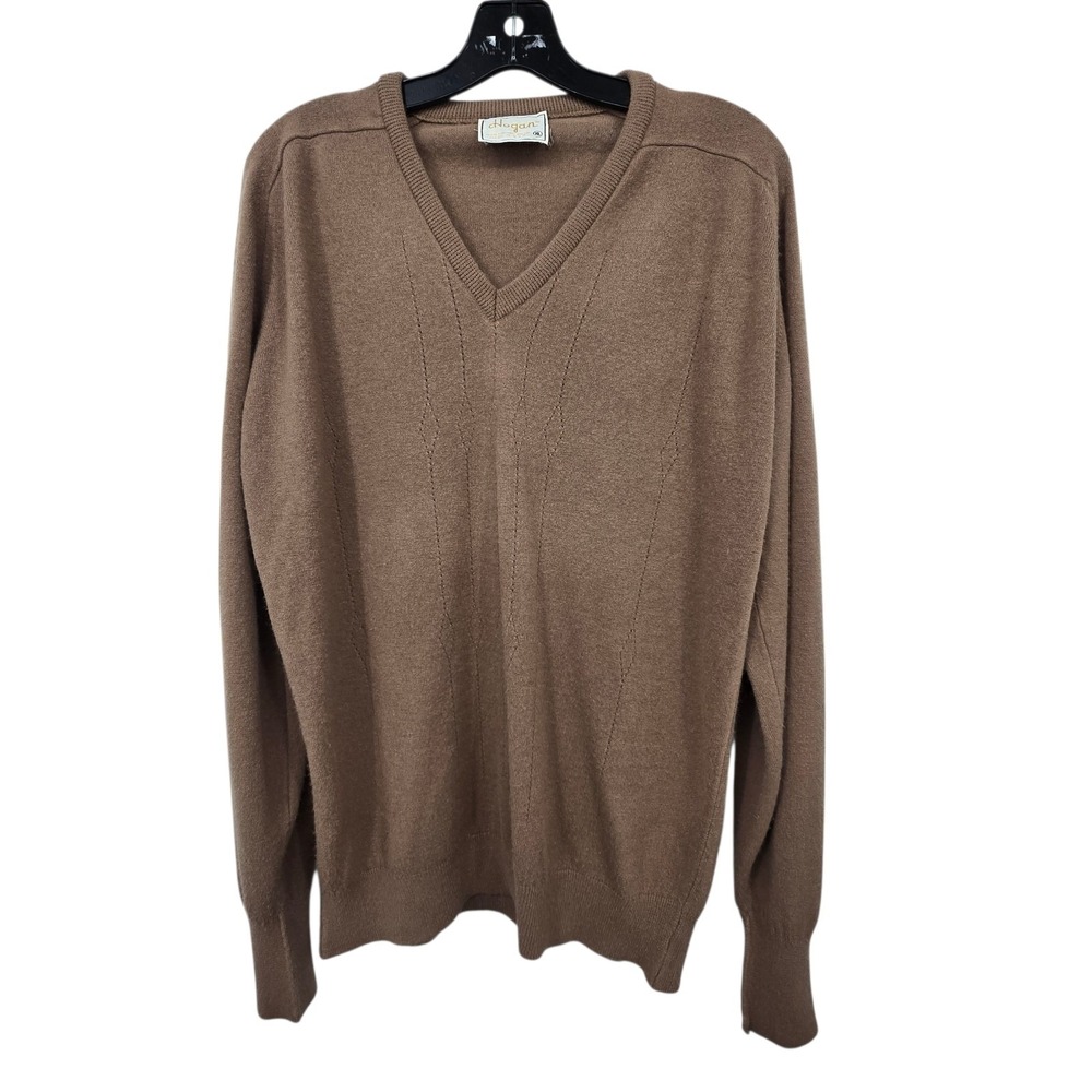 Vintage 80s Hogan V-Neck Golf Sweater Mens XL Tan Brown USA Acrylic Long Sleeve